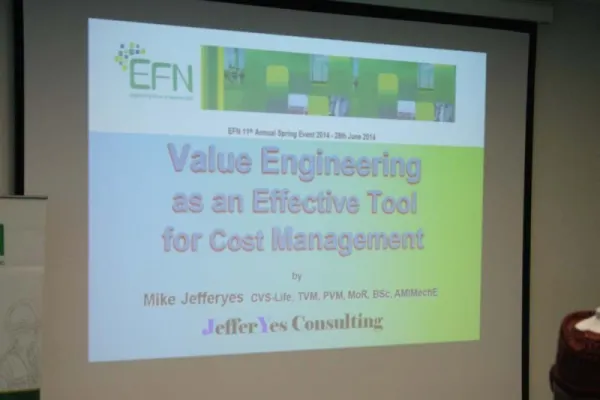 Projected title slide from the 11th Annual Spring Event, 28 June 2014: “Value Engineering as an Effective Tool for Cost Management”.