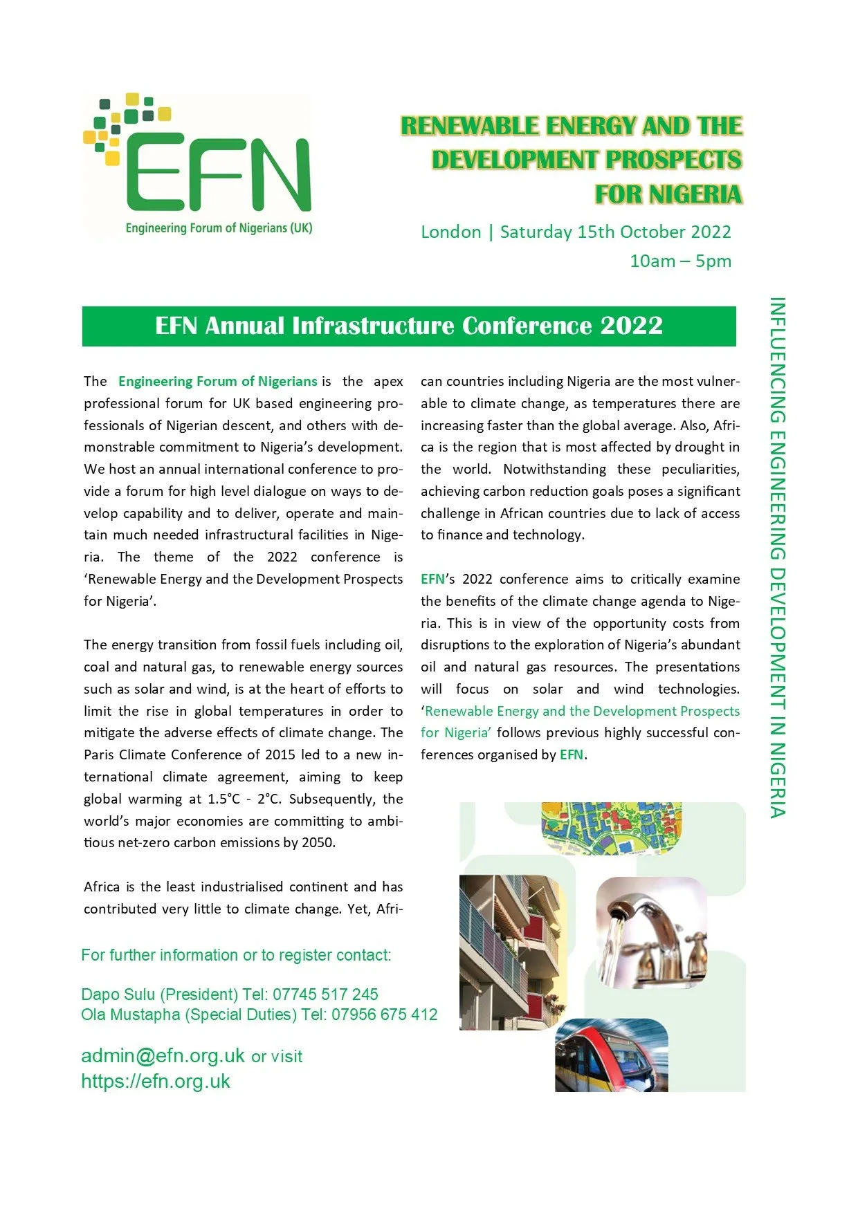 Flyer for the EFN Annual Infrastructure Conference 2022: Renewable Energy and the Development Prospects for Nigeria, London, Saturday 15 October 2022.