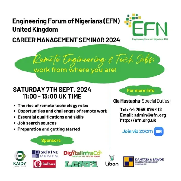 Seminar flyer, “Remote Engineering & Tech Jobs: work from where you are!”, 11:00–13:00 UK time, with the sponsors’ logos.