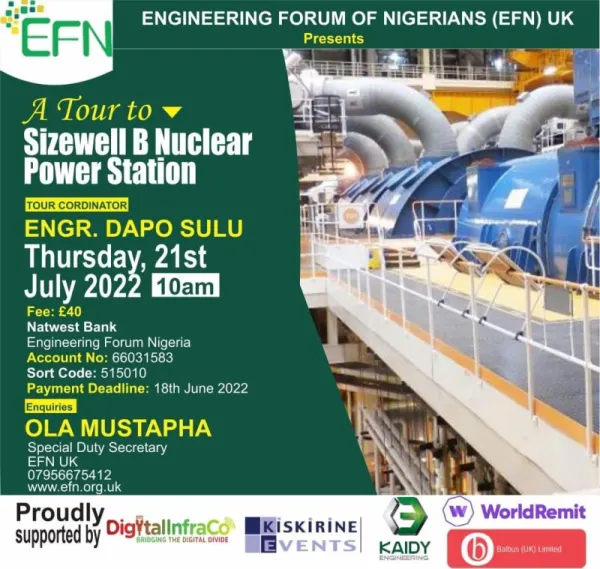 Flyer for the EFN tour of Sizewell B Nuclear Power Station on Thursday 21 July 2022.