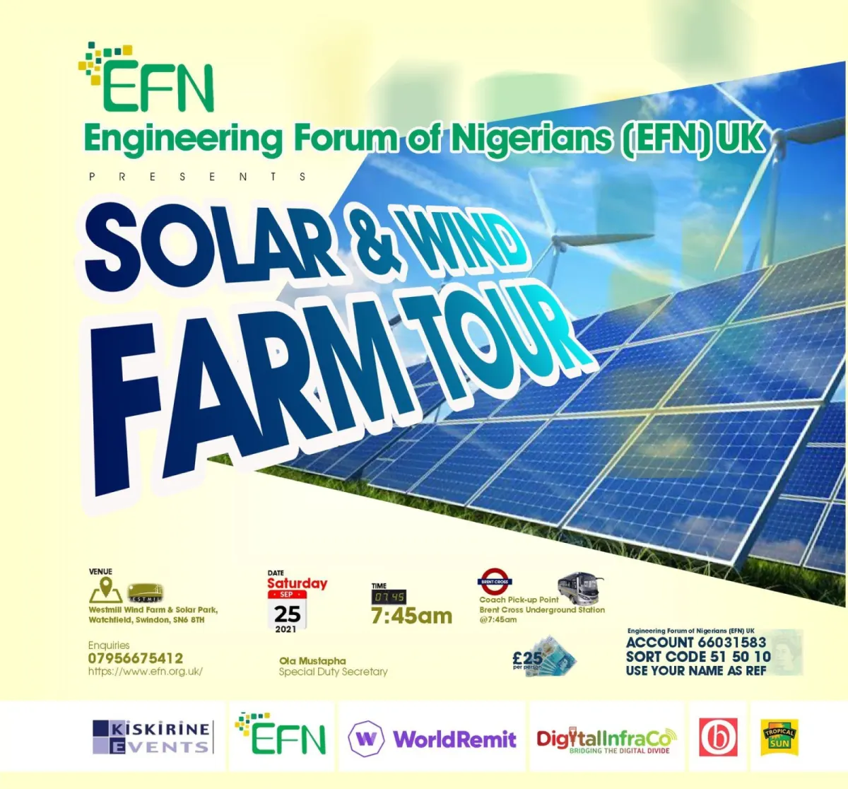 Flyer for the EFN Solar and Wind Farm Tour at Westmill, Saturday 25 September 2021.
