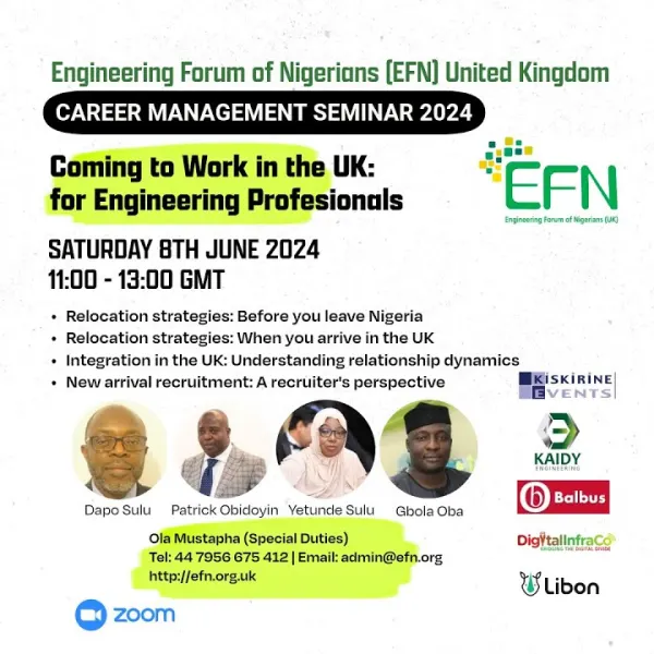 Seminar flyer, “Coming to Work in the UK: for Engineering Professionals”, 11:00–13:00 GMT, with photos of the speakers Dapo Sulu, Patrick Obidoyin, Yetunde Sulu and Gbola Oba, and the sponsors’ logos.